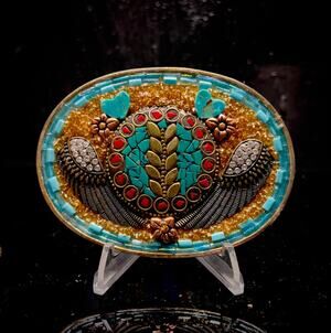Handmade Southwestern Artisan Buckle, OOAK, Inlaid Turquoise